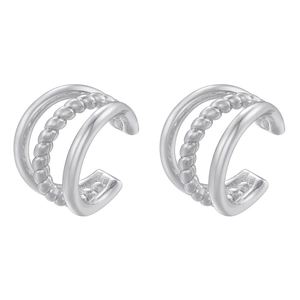Close-up of silver triple-layered ear cuff with twisted texture for non-pierced ears