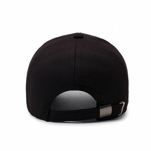 Rear view of black baseball cap with adjustable metal strap on white background