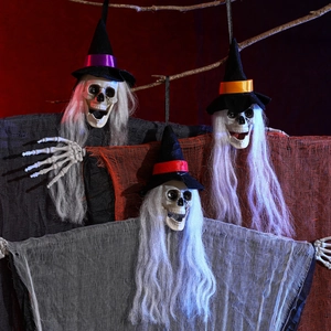 Three hanging skeleton ghost props with wizard hats for Halloween party wall decorations