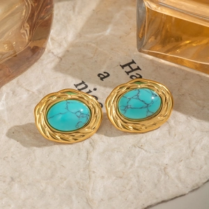 Boucles Oreilles Clous Turquoise Ovales Femmes Acier Inoxydable Plaqué Sous Vide Bordure Tressée Imperméable Bijoux