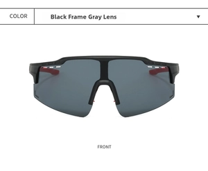 Front view of black and gray sports cycling sunglasses with integrated windproof lenses