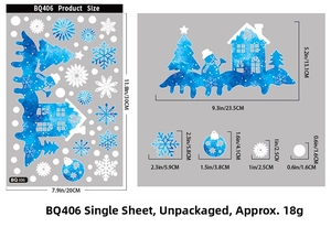 Blue watercolor Christmas window decals with detailed size specifications in CM and inches