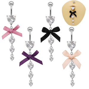 Anneau de Nombril en Alliage de Zinc avec Zirconia en Forme de Cœur et Pendentif Nœud en Satin Bijou de Piercing Élégant pour Femme