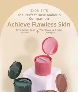 Macro detail of round makeup sponges in colorful storage containers for BB cream application