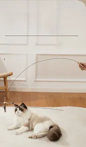 Extra long feather cat wand with wooden handle and flexible steel wire for cat interaction