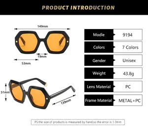 Detailed size parameters and specifications for the hexagonal geometric PC sunglasses