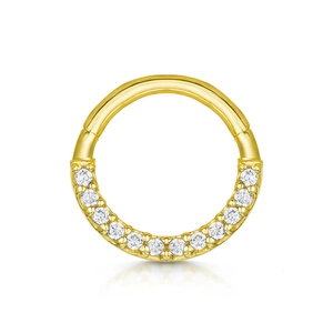 Detailed close-up of a gold-plated S925 sterling silver hoop ring with sparkling zircons