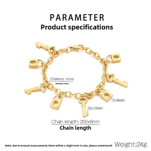 Detailed specs of the 18K gold plated stainless steel bracelet with key and lock charms
