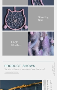 Detailed view of pink and purple dreamcatcher with cat ear frame and soft feathers