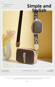 Detail view of printed small square bag with geometric patterns and a mini coin purse