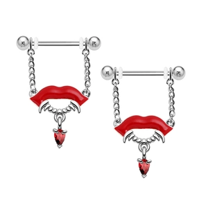 Pair of silver nipple shields with red vampire lips and heart gemstone pendants
