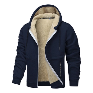 Marineblaue Herren-Kapuzenjacke mit warmem beigem Lammwollfutter und Kordelzug