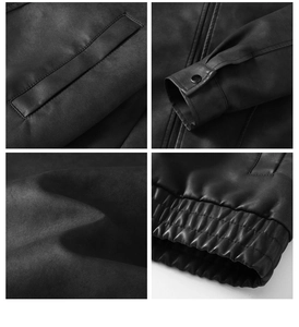 Vue détaillée des poches, poignets à boutons-pression et texture lisse du blouson en cuir