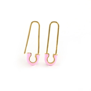 Creative gold safety pin earrings with pink enamel coating for a modern fashion look