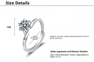 Detailed size guide of a 6mm zircon swan ring featuring adjustable open band design