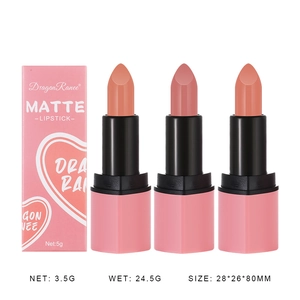 Three-piece velvet matte heart lipstick set in nude pink shades with packaging boxes