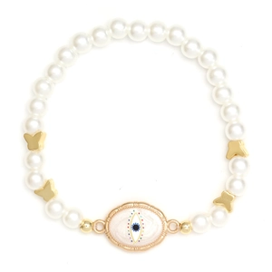 Faux pearl beaded bracelet featuring golden butterfly charms and blue evil eye pendant
