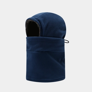Detailed view of dark blue fleece balaclava with warm thick plush lining and drawstring