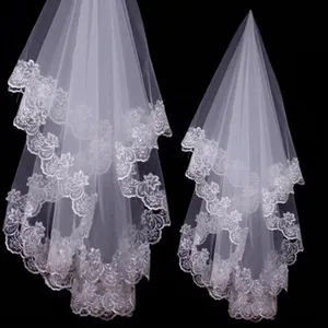 Three-meter single layer white wedding veil with delicate floral lace embroidery edges
