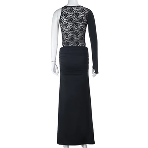 Detail of black slim-fit maxi dress featuring elegant lace back and long sleeve design