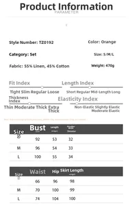 Detailed size chart for cotton linen vest and maxi skirt set with sizing in centimeters