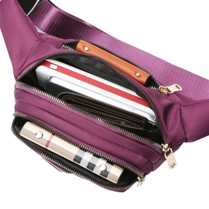 Purple multi-layer functional waist bag with gold zippers and spacious storage compartments