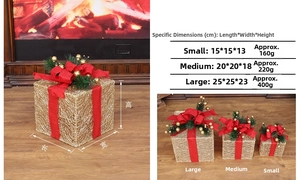 Detailed size chart for golden Christmas gift boxes showing large, medium and small dimensions