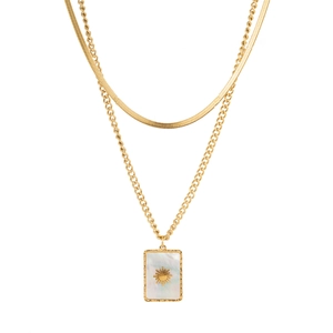 Double-layered gold titanium necklace with shell sun pendant and snake chain