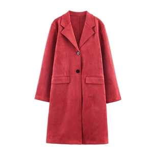Women's stylish long red faux suede coat with lapel collar and classic button closure