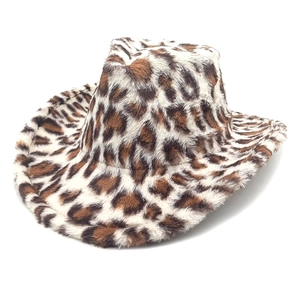 Detail of plush leopard print cowboy hat featuring soft faux fur texture and wide brim