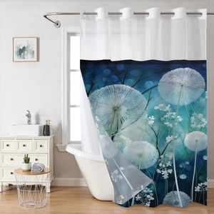 Waterproof shower curtain with artistic white dandelion print and gradient teal background