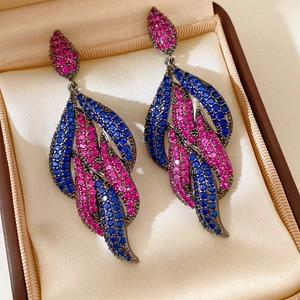 Vintage style drop earrings with pink and blue zircons in black metal with gift box