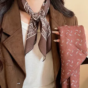 Retro Scarf Necklace Paisley Print Satin Texture Small Square Neck Wrap For Women Vintage Ethnic Style Accessory