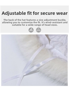 Close-up of the adjustable strap and silk lining inside this faux fur winter bucket hat