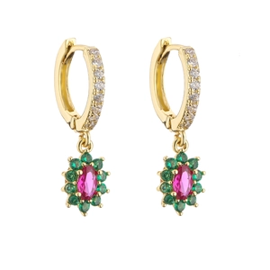 Detail of gold hoop earrings with pink oval gemstone and green zircon floral charm