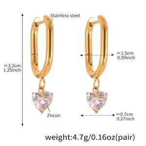 Detailed size measurement of 18k gold plated heart zircon drop earrings with dimensions
