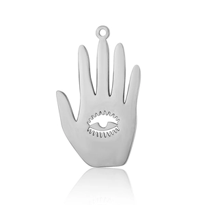Polished stainless steel Hamsa hand pendant with eye symbol and reflective base