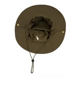Internal view of army green outdoor hat showing durable fabric and adjustable chin strap