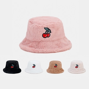 Plush Bucket Hat Faux Fur Cherry Embroidery Warm Winter Basin Cap For Women Men Cute Casual Outdoor
