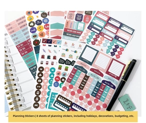 Macro shot of 8-sheet functional planner stickers with Morandi colors and vintage styles