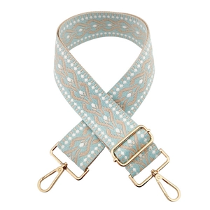 Detail of adjustable 5cm jacquard bag strap with geometric patterns and gold hardware