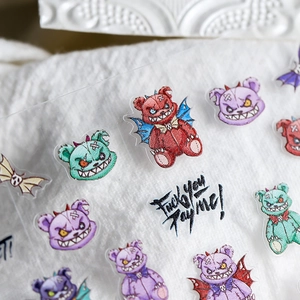 Gothic 5D embossed bear nail art stickers with devil wings and creepy stitch patterns