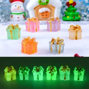 Miniature Christmas Gift Box Ornaments Resin Luminous Glow In The Dark Gold Ribbon DIY Micro Landscape Decor