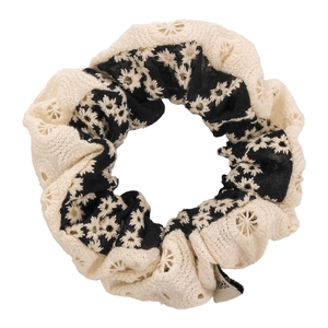 Vintage cotton linen beige and black lace scrunchie with floral embroidery details