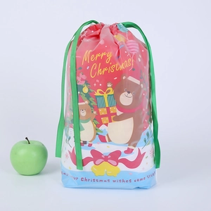 Detail of Christmas gift bag with silk drawstring showing Merry Christmas text and patterns