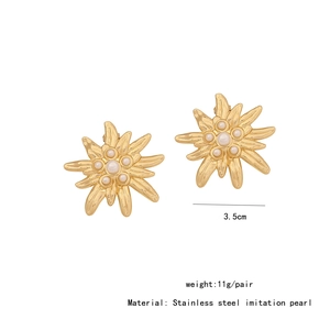 Close-up of golden stainless steel heart earrings with pearls and 3.5cm size markings