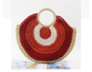 Detail of round straw bag with tri-color woven concentric patterns and circular handles