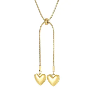 Heart Pendant Double Heart Stainless Steel Necklace Snake Bone Chain Adjustable Slider Buckle Y-Shaped Jewelry