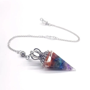 Retro hexagonal crystal pendulum pendant with colorful chakra stones and crown mount