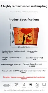 Linen makeup bag with heart print showing 17x25cm dimensions and material specs